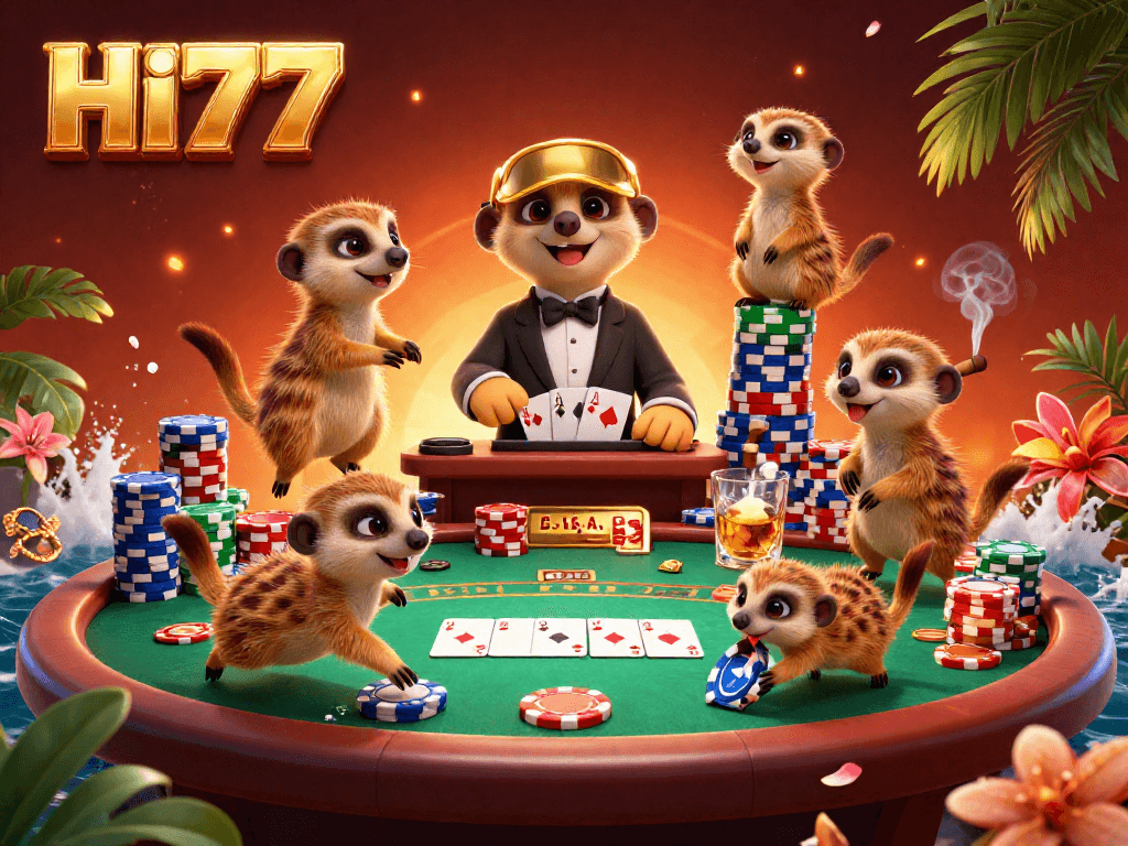 Experience the excitement of HI77 with meerkats managing a vibrant casino in this colorful 3D illustration.