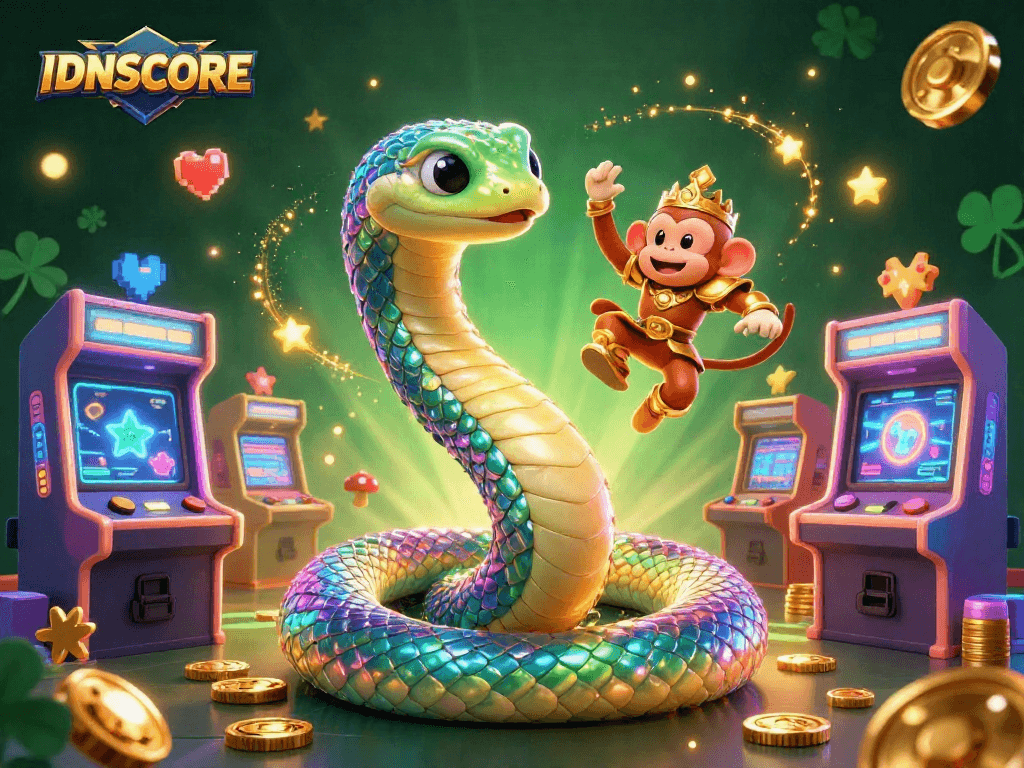 Experience the thrill of IDNSCORE with vibrant 3D gaming characters and casino elements.