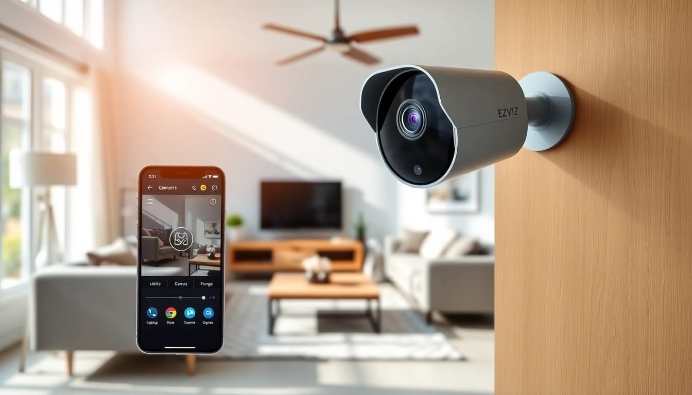 Cámaras Ezviz desplegadas en un hogar moderno, que muestran características de seguridad y capacidades de monitoreo remoto.