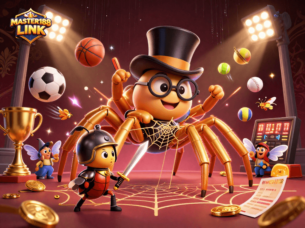 Engage with the thrilling world of MASTER188 LINK, featuring a golden tarantula and beetle knight surrounded by sports elements in a luxurious setting.