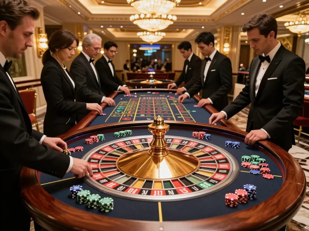 Experience the thrill at vin88 nhà cái uy tín with players placing bets at a stylish roulette table.
