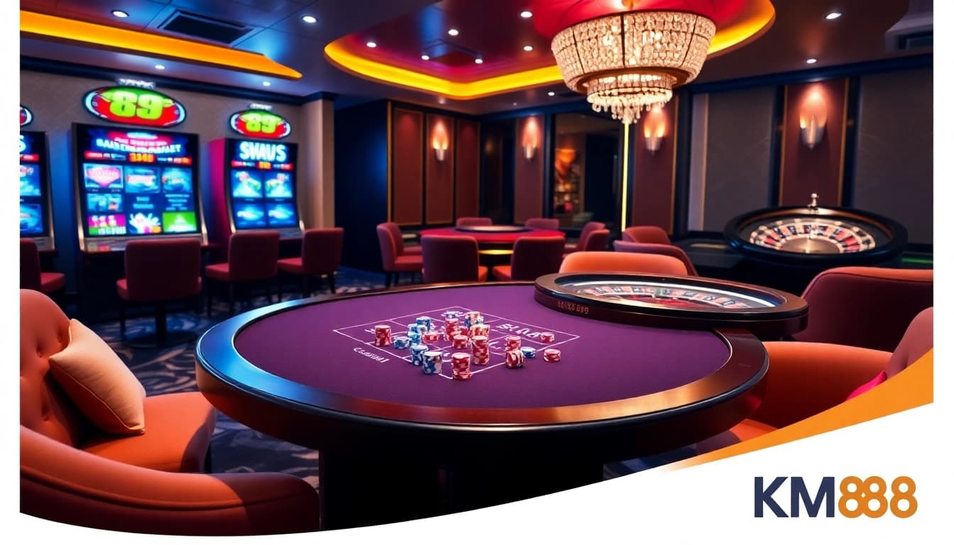Players thriving at a modern KM88 casino table with vibrant poker chips and slot machines.