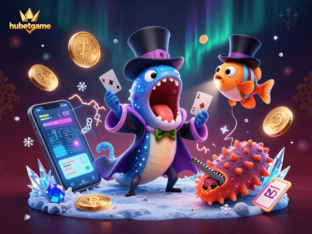Experience thrilling gaming with hubetgame as deep-sea creatures perform a magical act amidst bright crypto visuals.