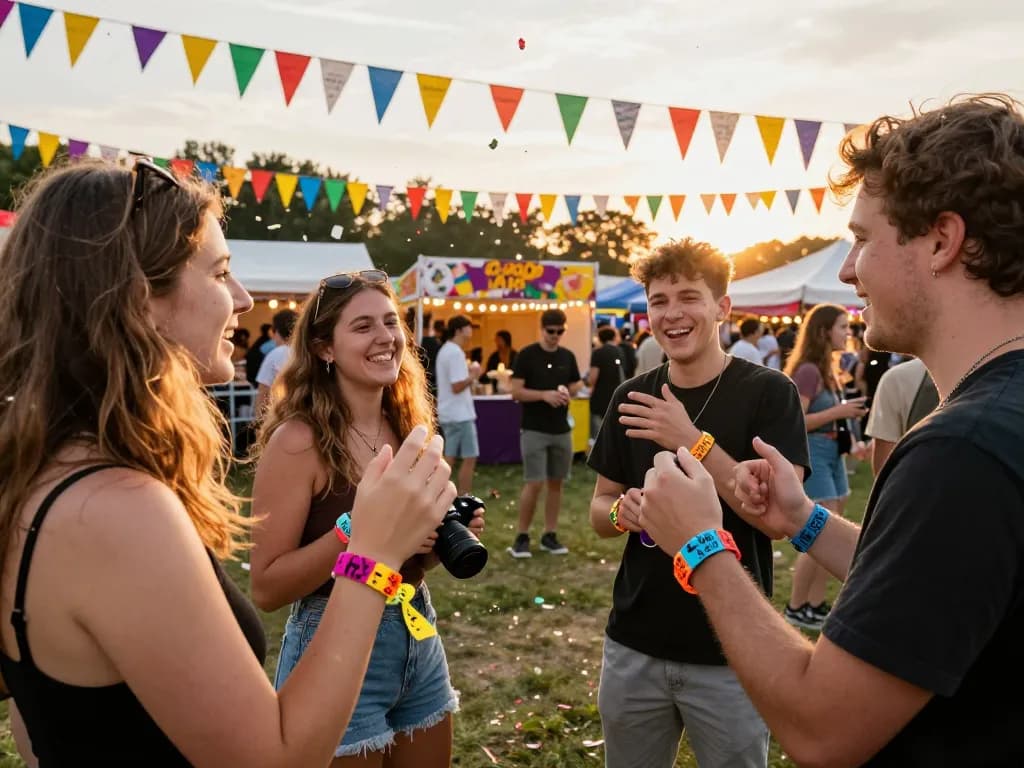 People wearing personalisierte festival armbänder stoff enjoying a vibrant outdoor festival atmosphere.