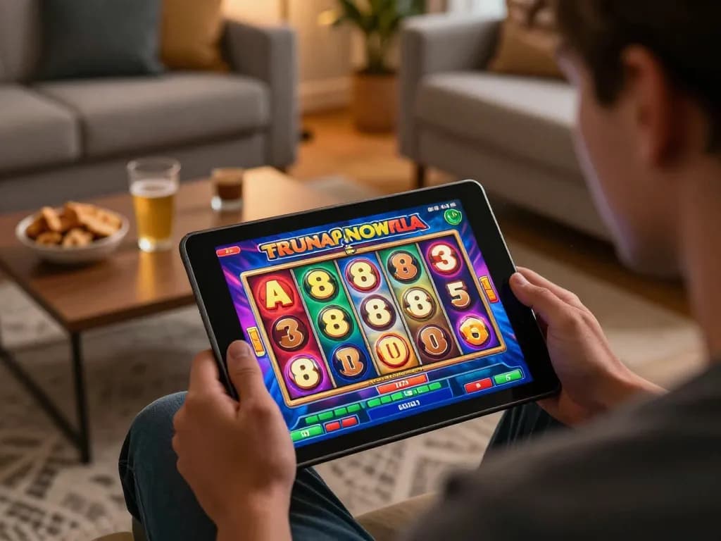 Engaged player spinning a colorful slot online in a cozy living room setting