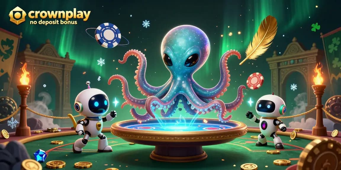 Crownplay no deposit bonus showcased with an alien octopus at a floating poker table in a vibrant 3D illustration.