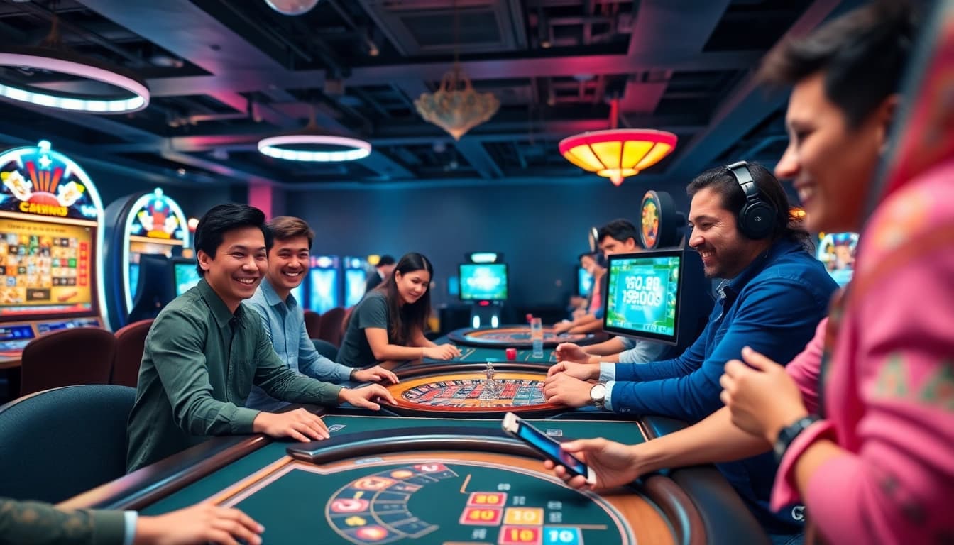 Experience the excitement of online gaming at 58ee, featuring diverse players enjoying slots and poker in a vibrant digital atmosphere.