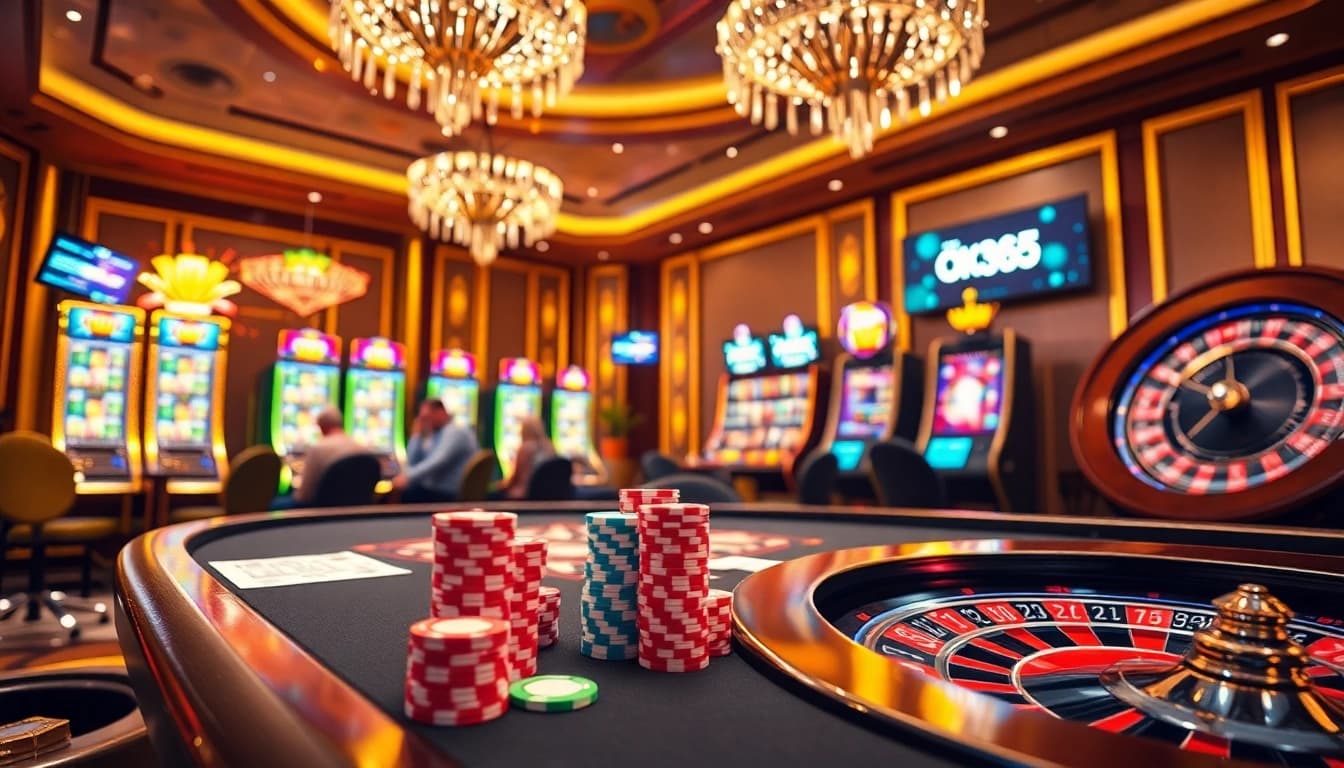Intense poker game scene showcasing OK365 ambiance with colorful chips and luxurious casino elements.