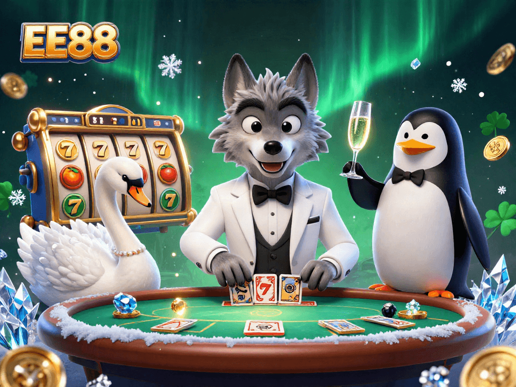Engage in thrilling gameplay at EE88 with vibrant characters, slot reels, and casino action.