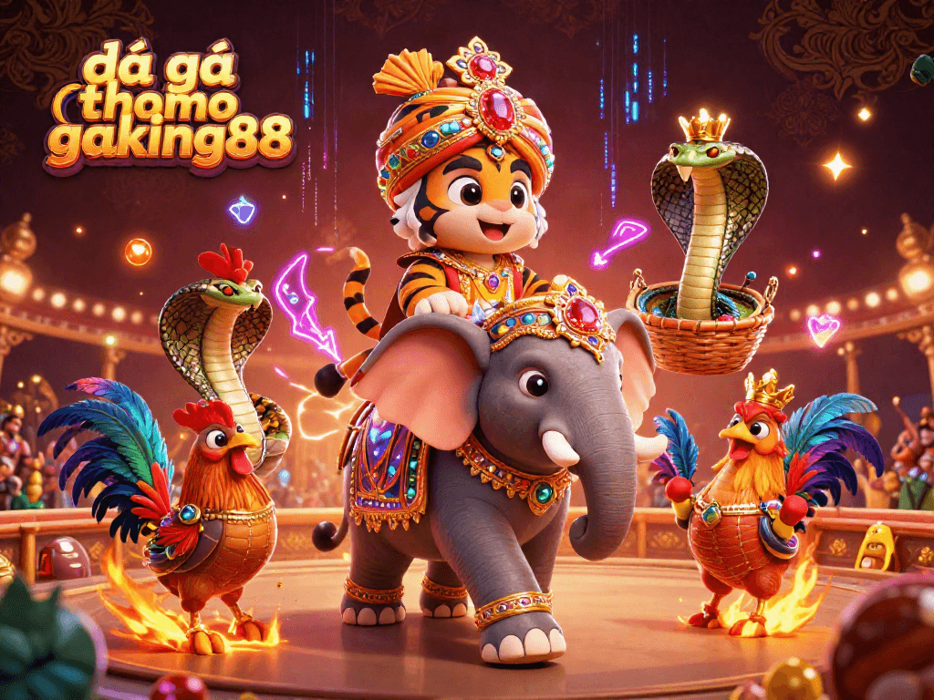 Engage in đá gà thomo gaking88 action with vibrant cockfighting arena, featuring dynamic characters and thrilling energy.