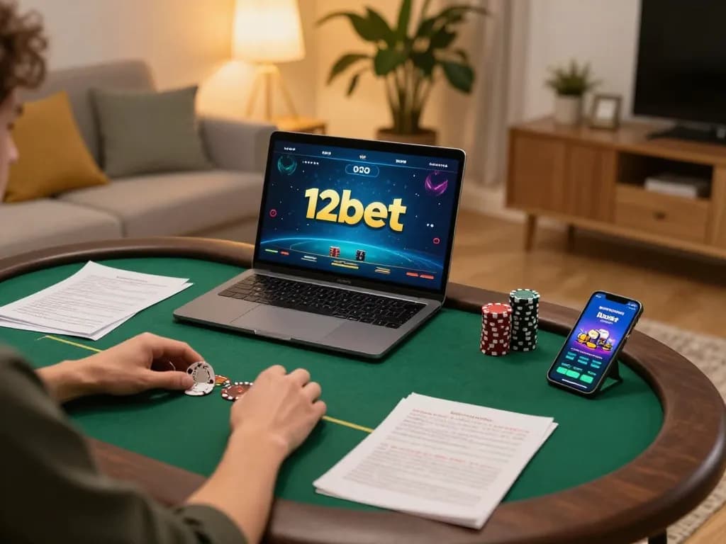 Người chơi tận hưởng một phiên chơi poker trực tuyến kịch tính với 12bet trên máy tính xách tay, bao quanh là những ghi chú chiến lược.