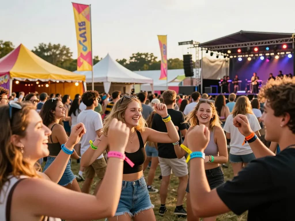 Personalized festival armbänder worn by friends enjoying a vibrant outdoor music festival.