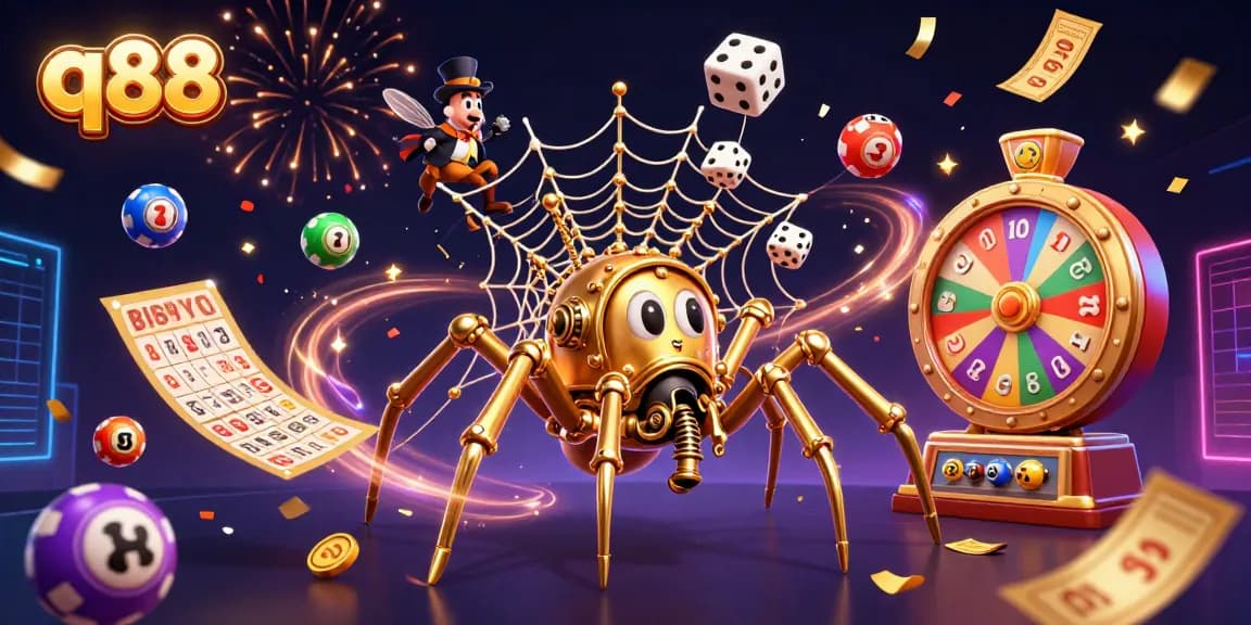 Spin the jackpot with q88 in a dynamic 3D casino-themed illustration!