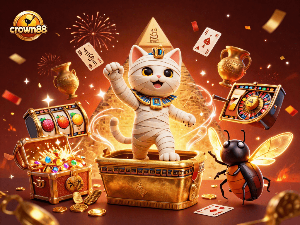 Experience the excitement of online gaming with crown88, featuring dynamic scenes of a mummy cat and treasures in a casino.