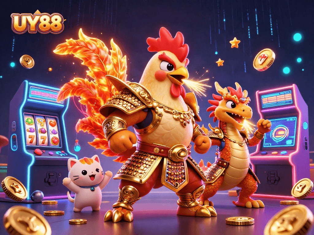 Engage with the dynamic UY88 gaming scene showcasing casino elements and vibrant characters.