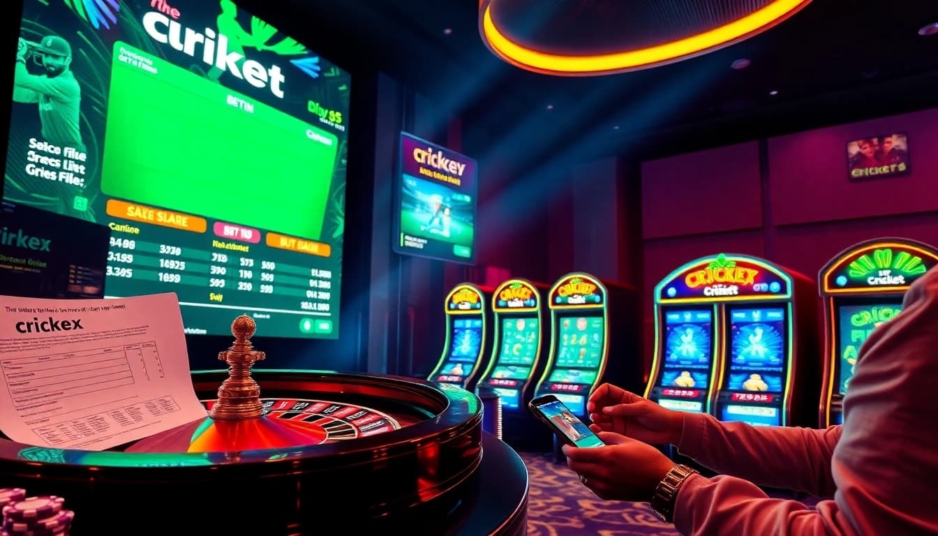 Crickex betting interface with vibrant cricket-themed gambling elements and players placing bets.