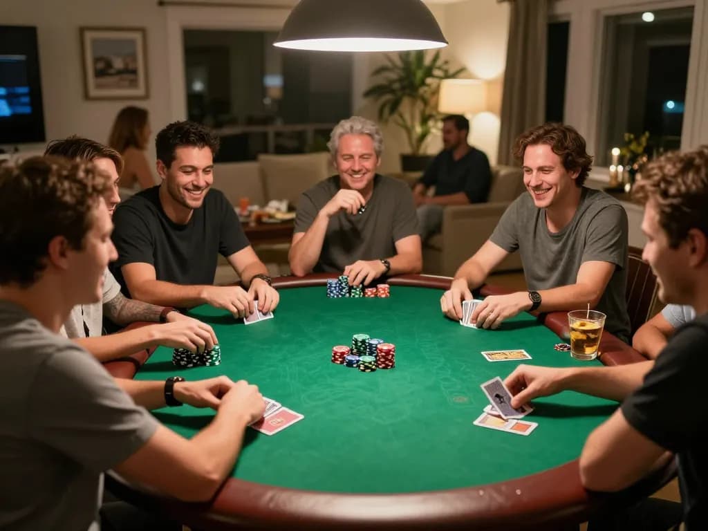 Players enjoying a thrilling night of poker at home with LOTO188 atmosphere, focusing on gameplay and camaraderie