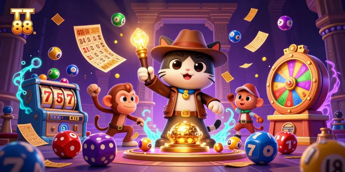 Engage with TT 88 in an adventurous casino scene filled with vibrant lottery balls and golden treasures.