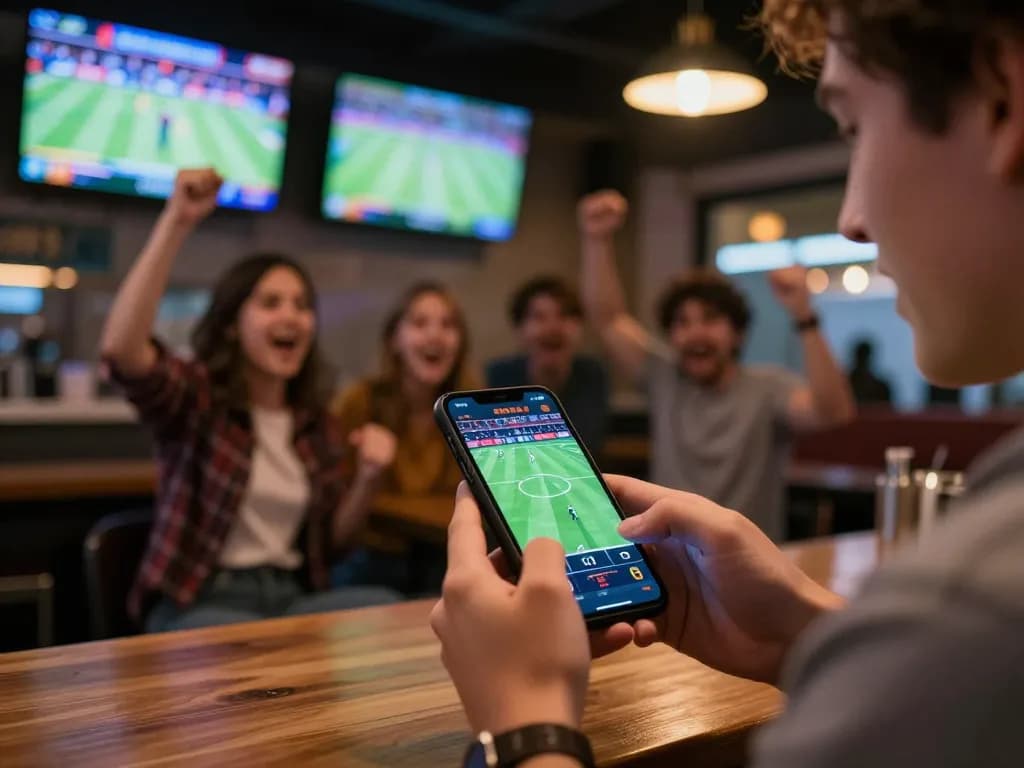 Cakhiatv86 user engaging in sports betting on smartphone at lively sports bar