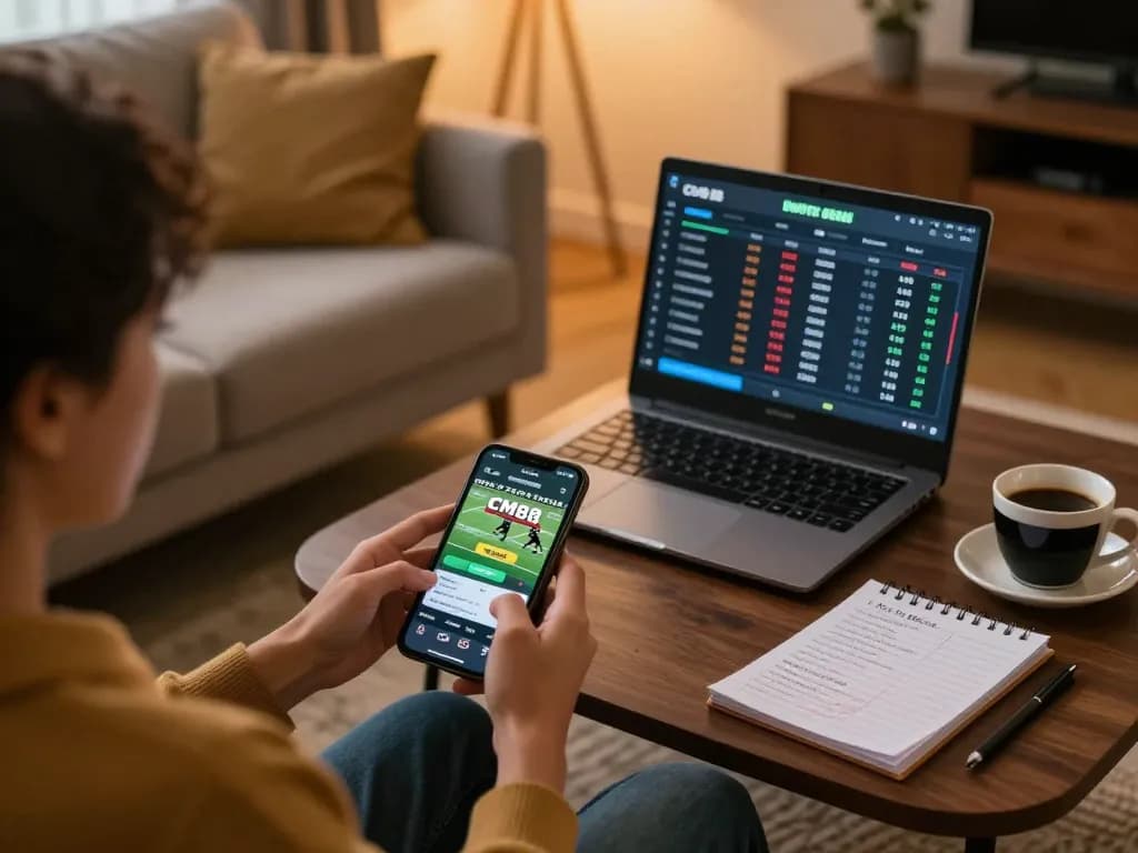 Player engaged in CM88 sports betting on smartphone with laptop showing odds and strategies.