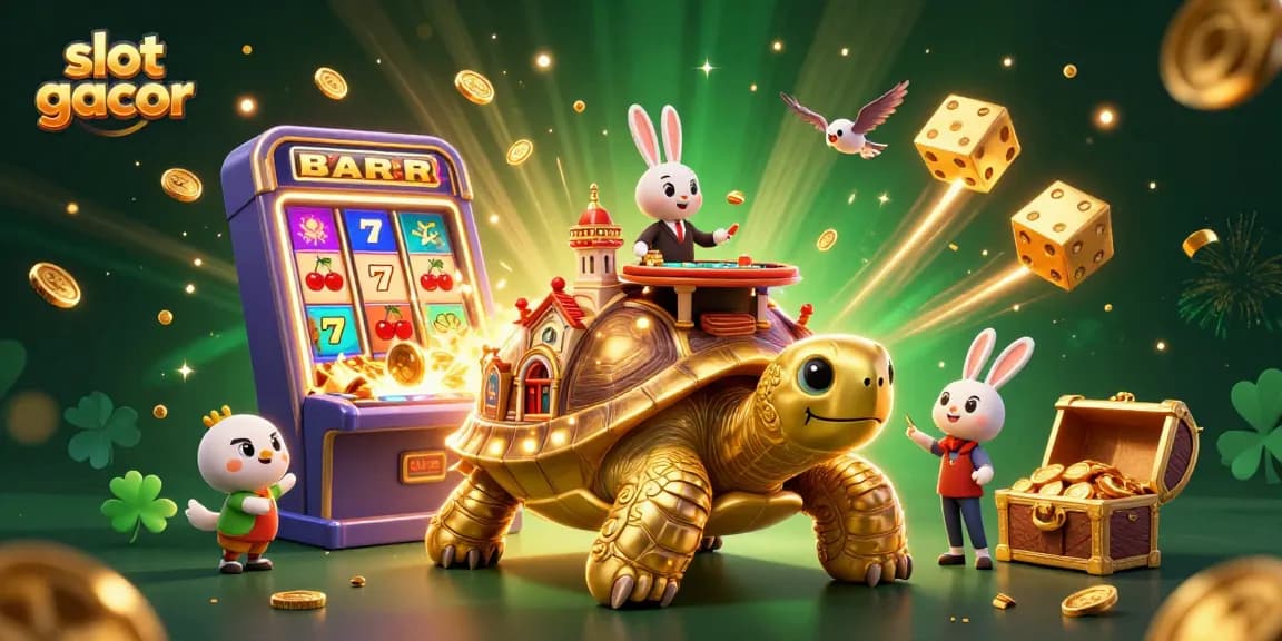 Experience the thrill of slot gacor with a vibrant 3D casino scene featuring gold and green visuals.