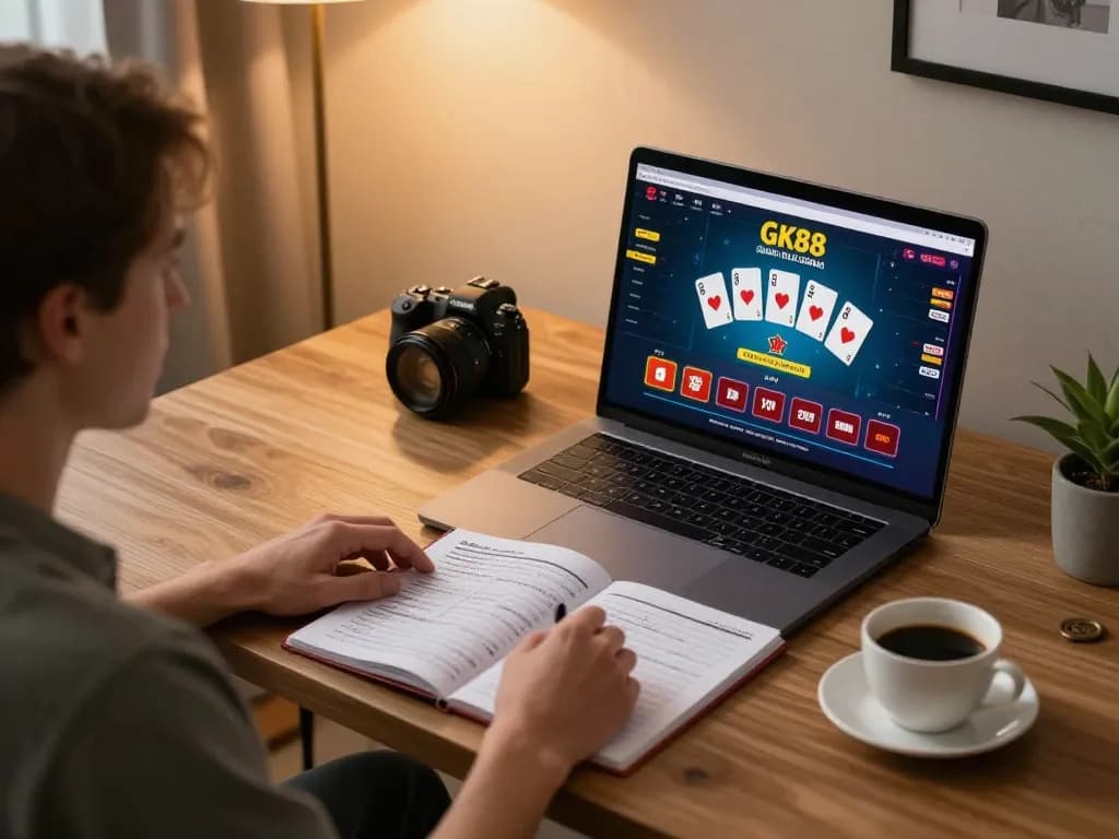 Player enjoying a live dealer game on GK88 platform during cozy home gaming session.