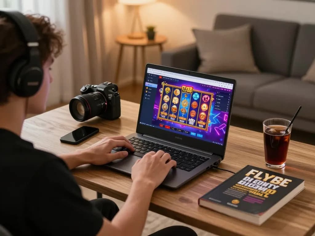 Engaging in fly88 đăng nhập through a stylish online gaming setup, showcasing vibrant slot game screen and cozy decor.