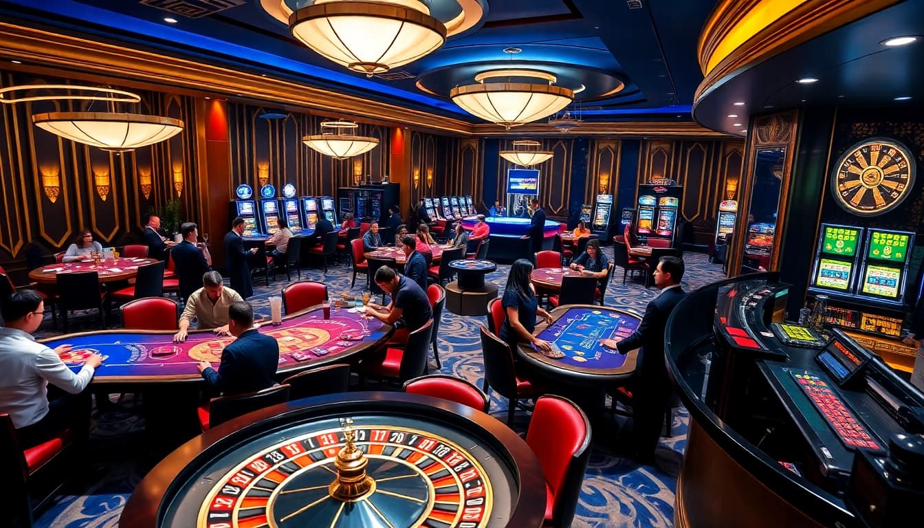 Engaging scene of 789club gaming floor with players at roulette and poker tables.