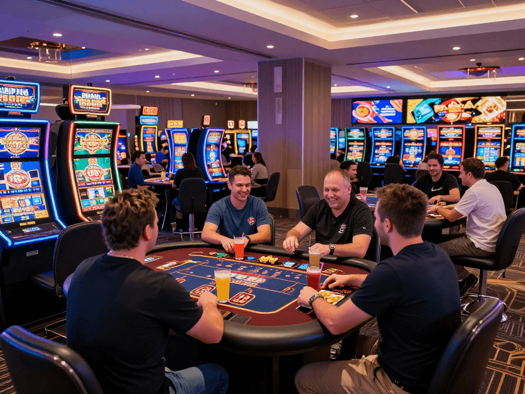 Exciting scene at a casino gaming lounge featuring players enjoying slot machines and live deal games for UK players at https://ghsc.co.uk.