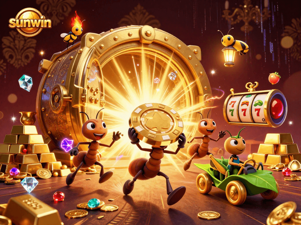 Join the fun at sunwin as cartoon ants hustle heist-style with poker chips and gold!