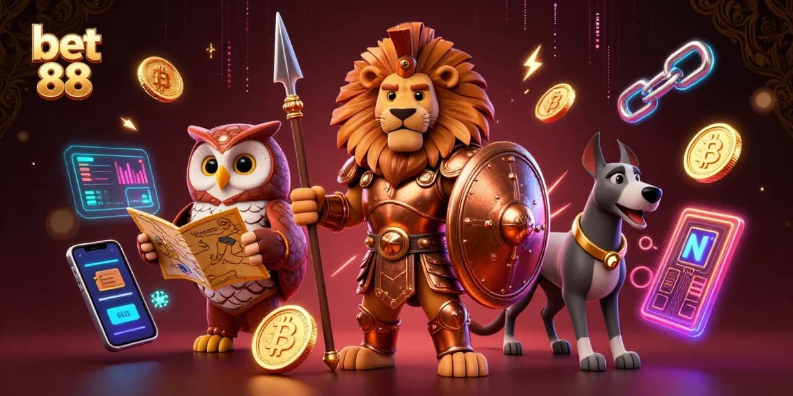 Gamble with bet 88 in an action-packed casino scene featuring a Spartan lion, owl strategist, and greyhound messenger.