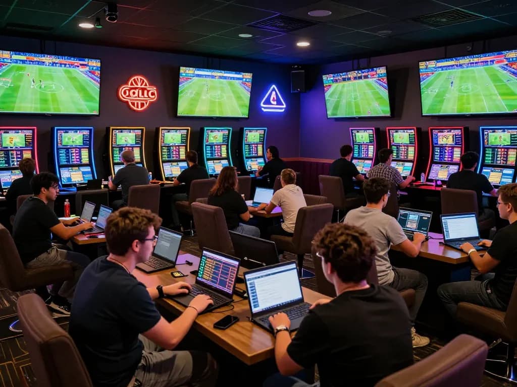 Kèo nhà cái betting enthusiasts analyzing odds in vibrant sports betting lounge