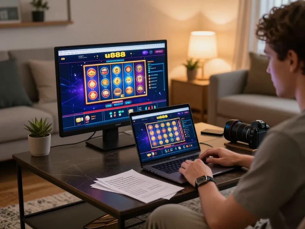 Engaged user enjoying online casino games on u888 platform at home in a cozy atmosphere