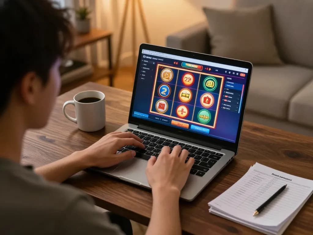 Player engaging with 79king online casino on a laptop, showcasing strategic gameplay and comfortable home atmosphere