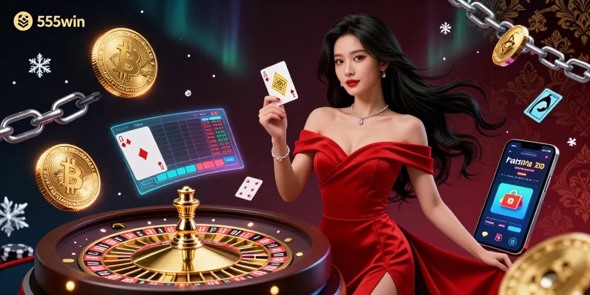 Experience thrilling gameplay at 555win with a captivating illustration featuring a beautiful dealer and vibrant casino elements.
