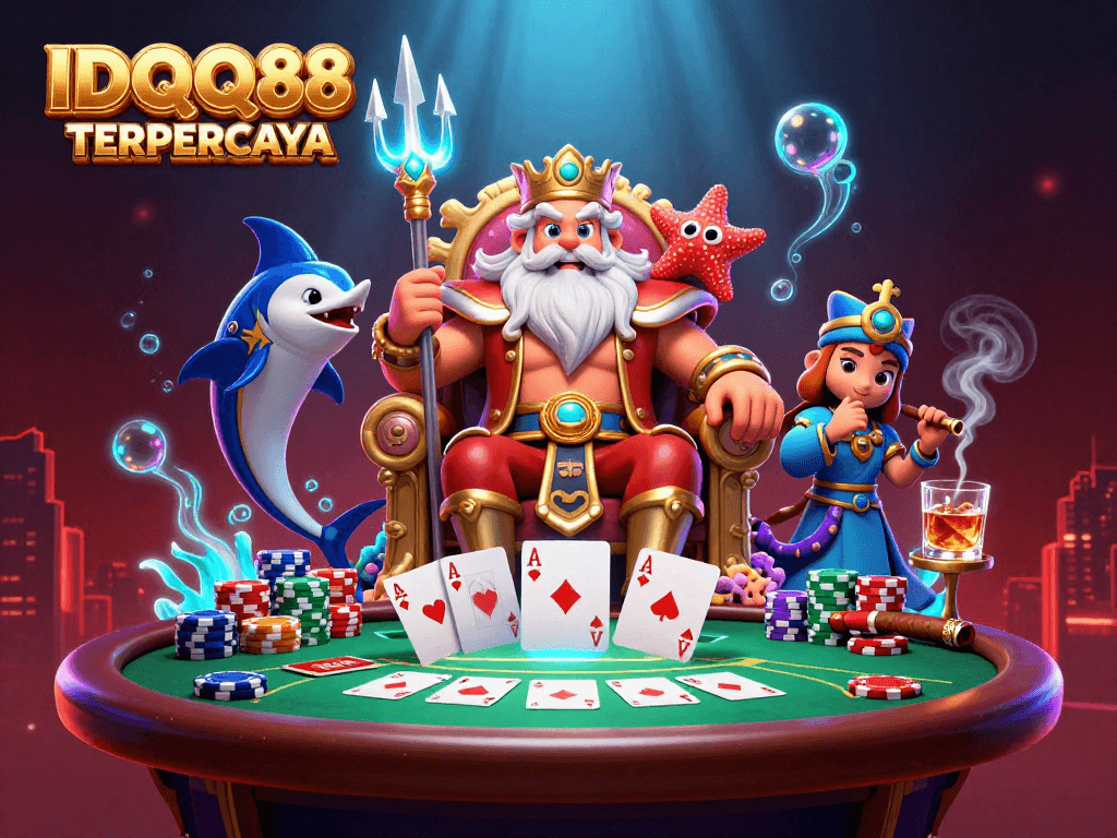Experience IDQQ88 TERPERCAYA at a vibrant underwater casino with Neptune surrounded by poker excitement.