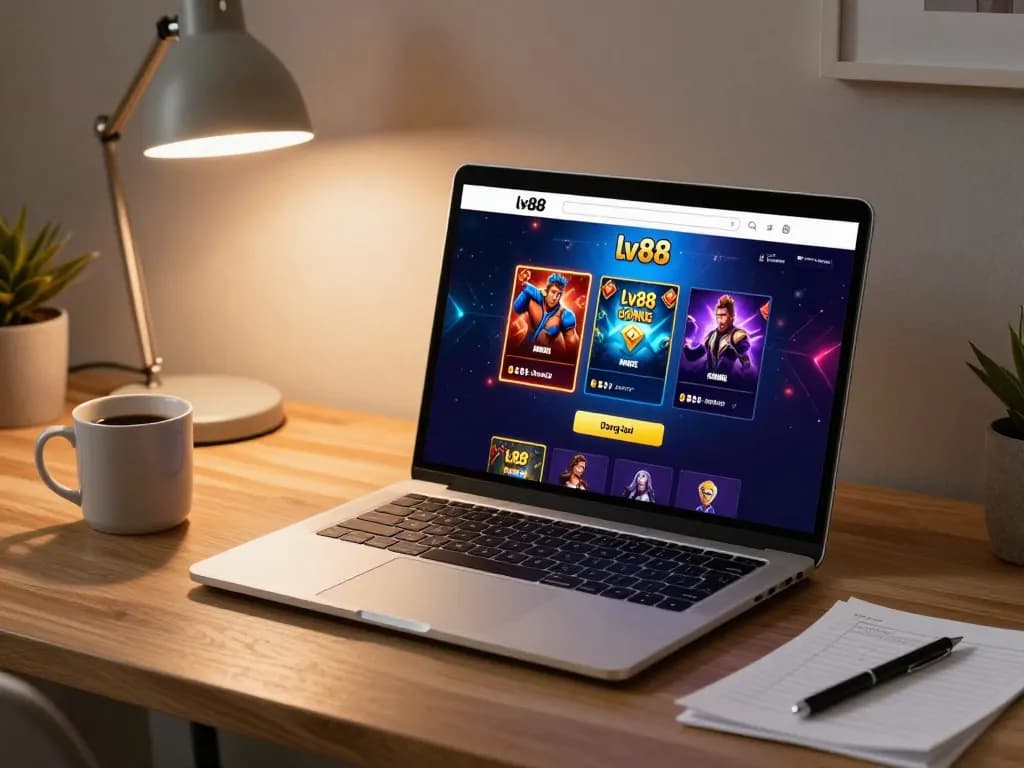 Logging into lv88 đăng nhập on a laptop, displaying engaging casino games set in a cozy home environment