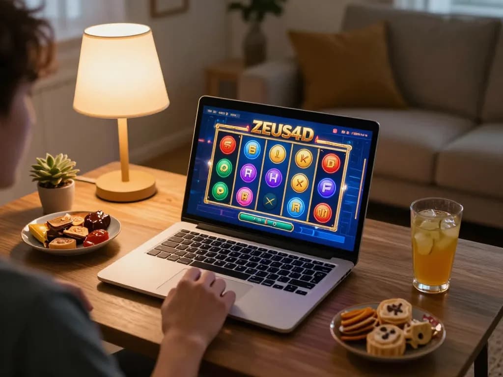 Engaging online slot gaming with ZEUS4D interface showcasing slot deposit 5000 gameplay in a cozy home setting.