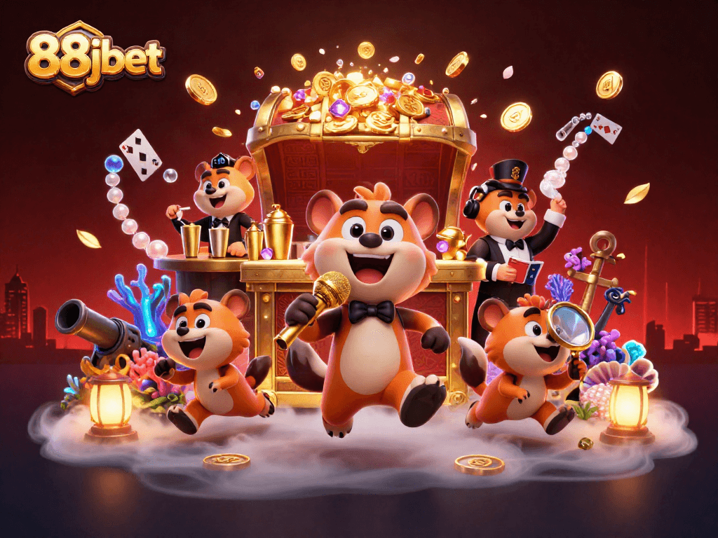Experience the vibrant comedy casino club of 88jbet, featuring hyenas in action with gold coins and lively elements.