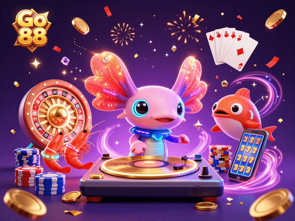 Join the vibrant Go 88 underwater casino scene with dancing creatures and sparkling treasures.