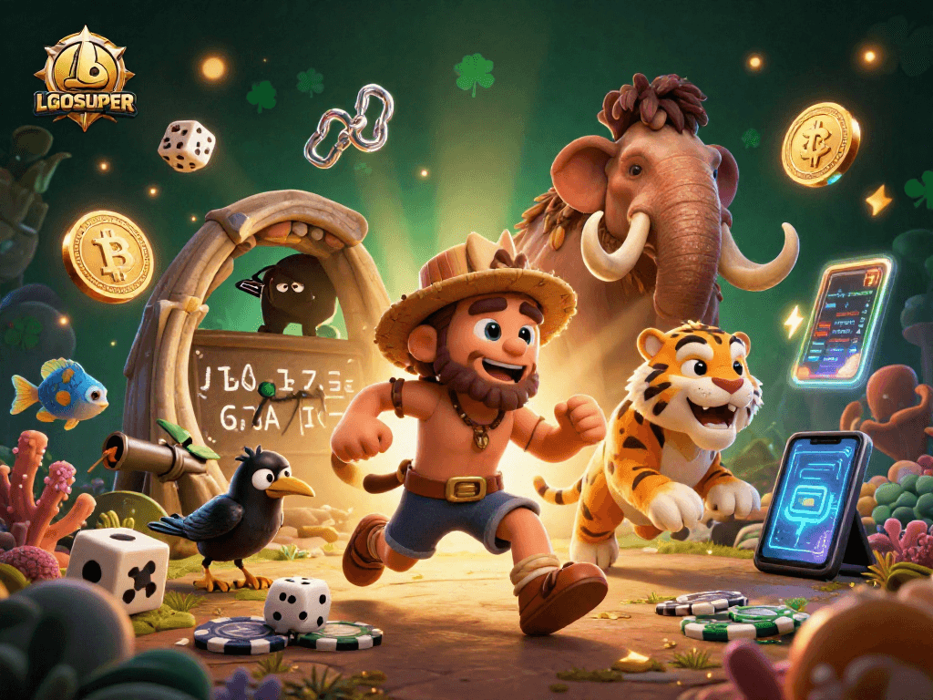 Engage with LGOSUPER's fish shooting game as a caveman and tiger duo navigate a colorful casino scene.