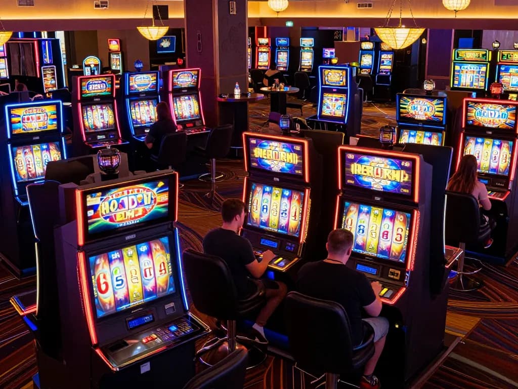 Fly88 players enjoying vibrant slot machines with colorful reels spinning in a lively casino