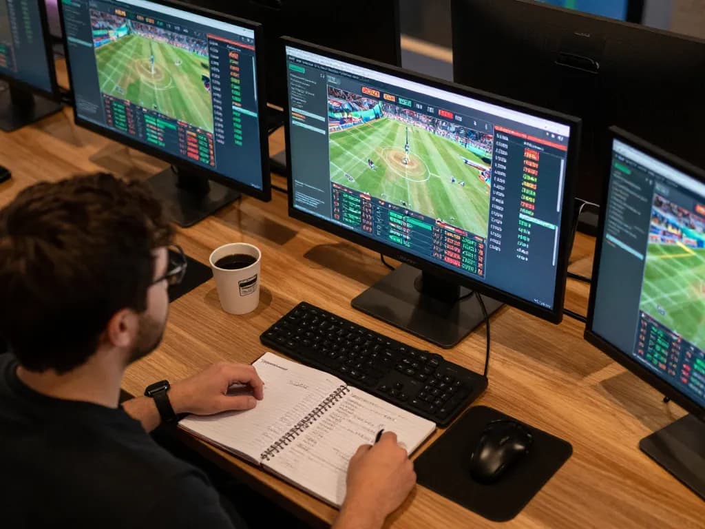 Tr88s user engaged in sports betting strategy with live stats displayed on multiple screens