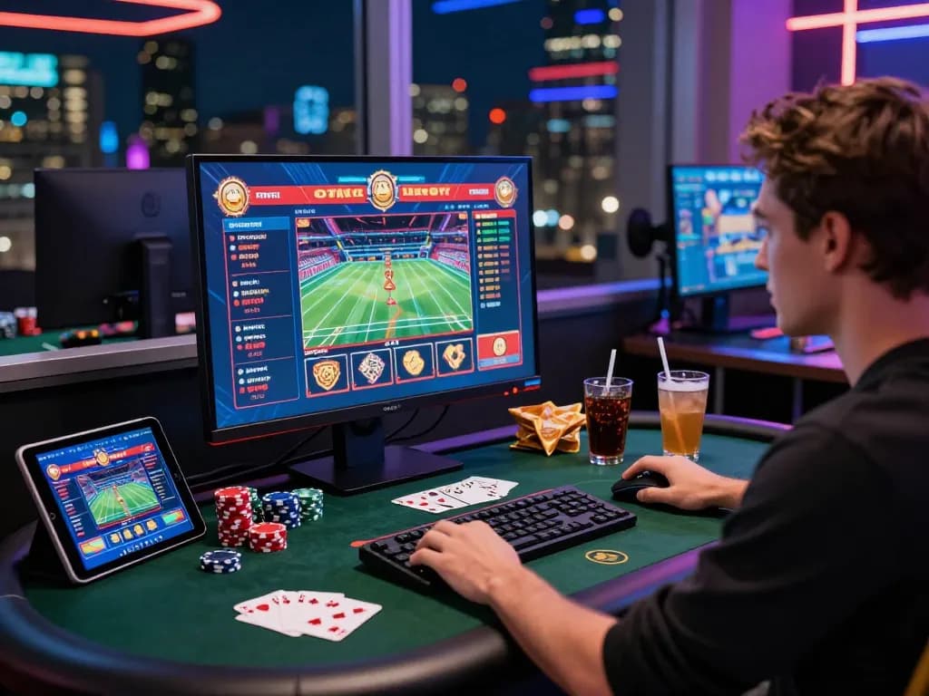 Immersive gaming experience at mb66.date with vibrant visuals, casino graphics, and sports betting setup.