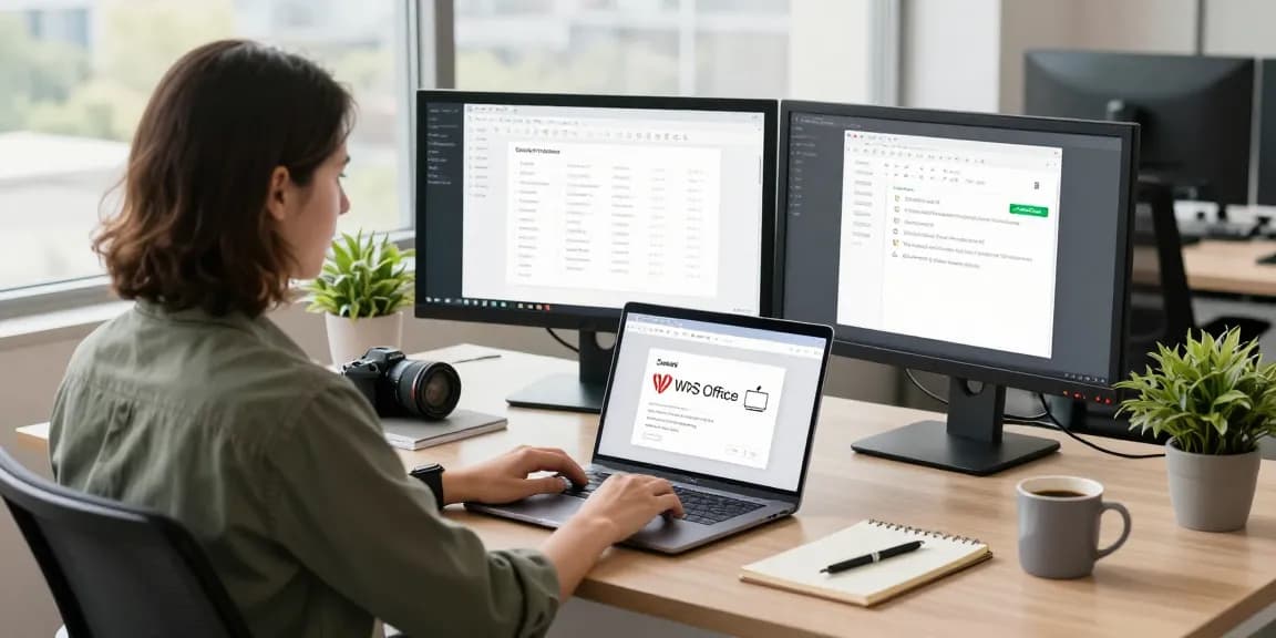 Downloading WPS Office in a modern office workspace, showcasing productivity tools and a focused atmosphere.