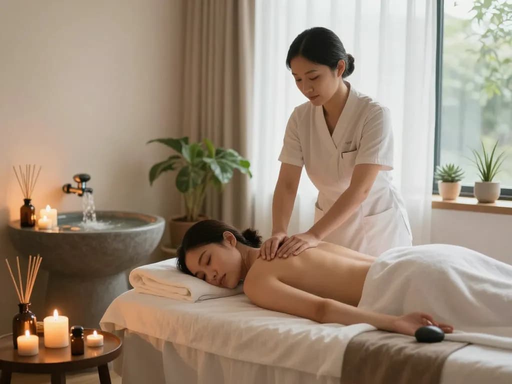 Spa hela ads showcasing a tranquil wellness environment with relaxing massage therapy, calming decor, and natural light.
