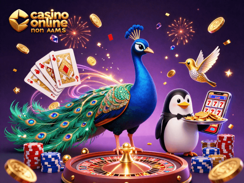 Gioca nei migliori casinò online non AAMS con un pavone aristocratico, un pinguino cameriere e un colibrì d'oro in un'atmosfera festosa.
