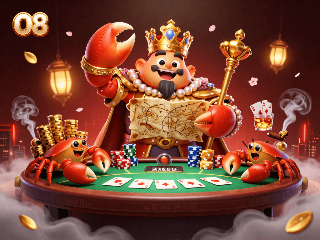 Engage with O8's vibrant casino scene featuring a majestic crab emperor and gaming elements.