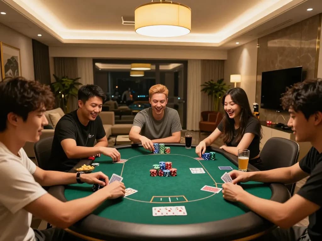 Friends enjoying a poker game around a table, demonstrating yowesjp strategies in a cozy home atmosphere.