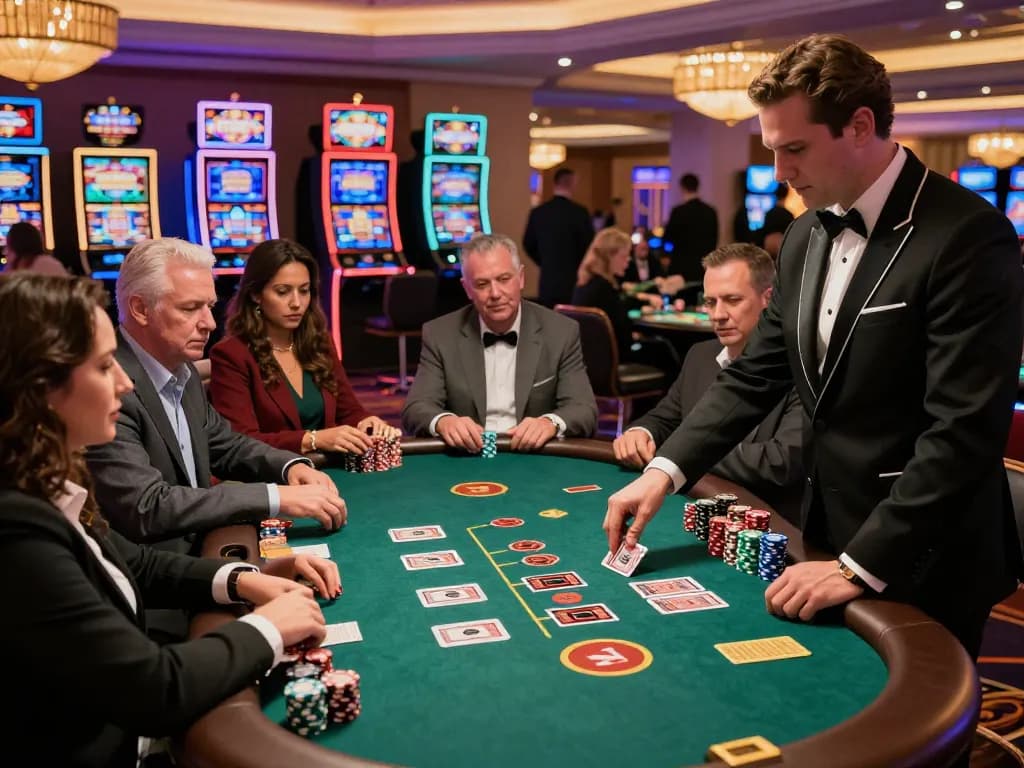 Engaged players strategizing at a j88 blackjack table in a vibrant Las Vegas casino
